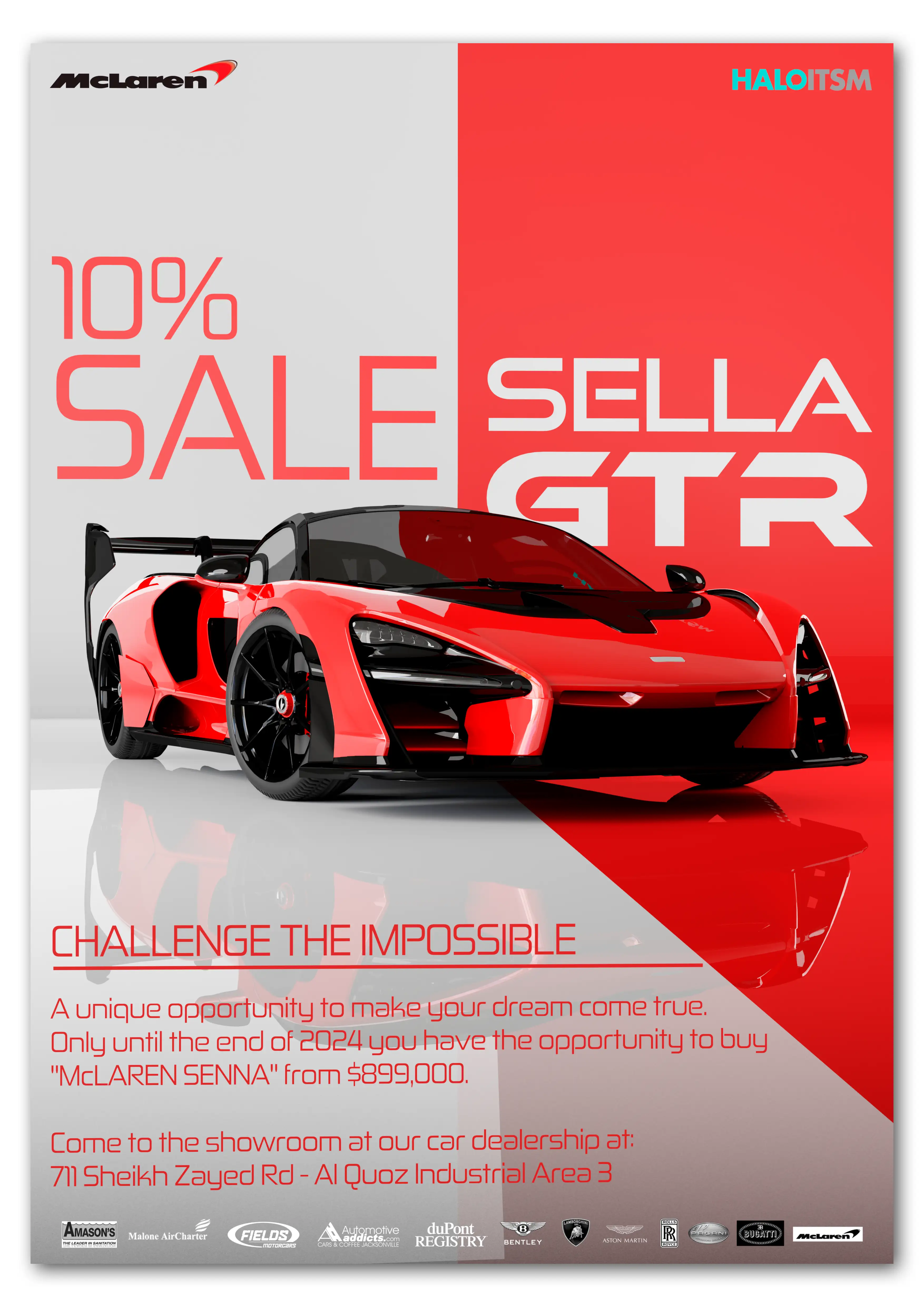 Projekt plakatu promocyjnego dla salonu samochodów luksusowych McLaren Senna GTR